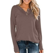 LSOLMD Womens Henley Tops Long Sleeve Cotton Shirts Thermal Pullover Casual Loose Henley Neck Tunics